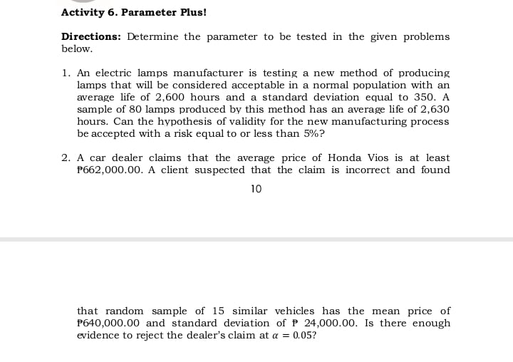  Activity 6. Parameter Plus! Directions: Determine the parameter to be tested
