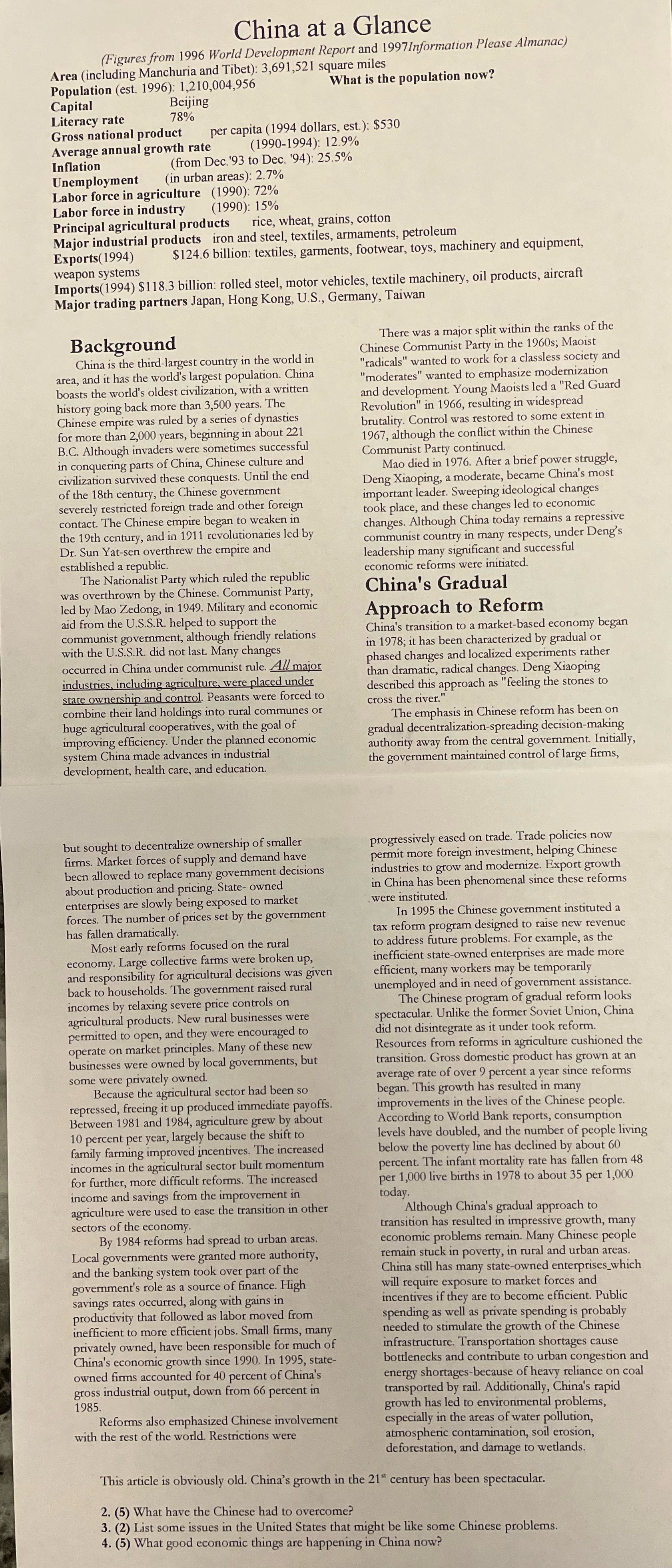 Please help me! :) China at a Glance (Figures from 1996 World