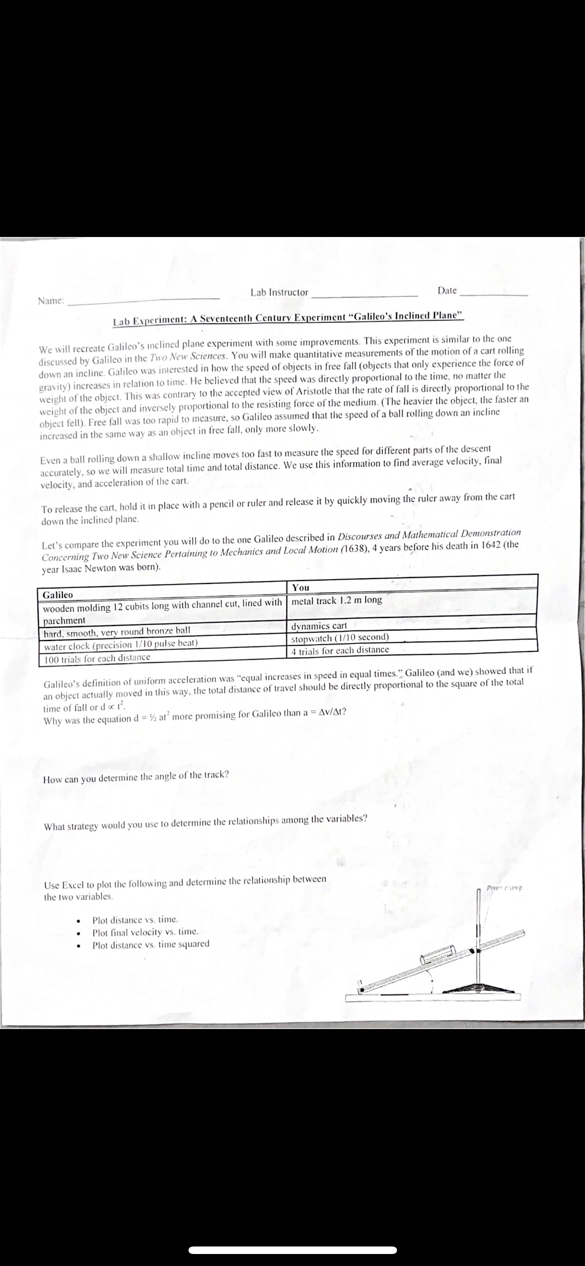 Name: Lab Instructor Date Lab Experiment: A Seventeenth Century Experiment "Galileo's