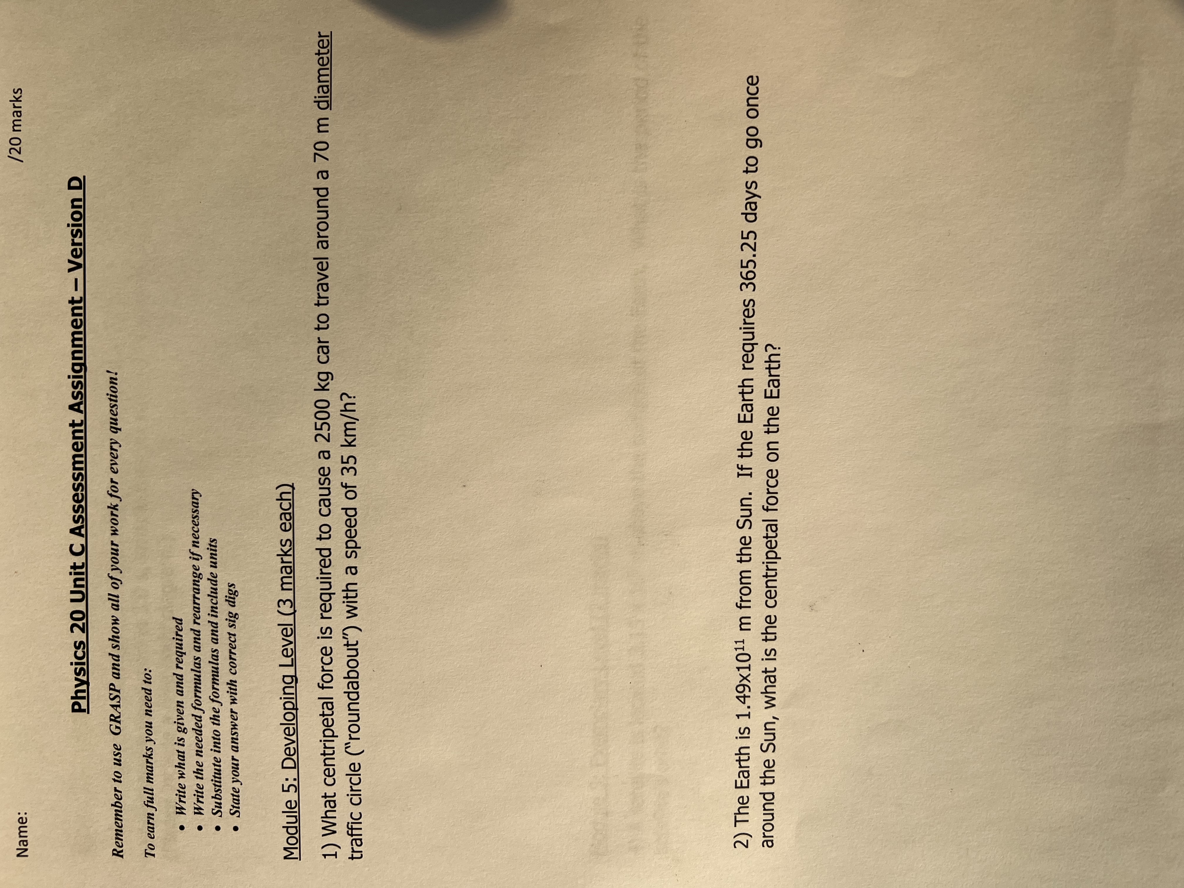  Name: /20 marks Physics 20 Unit C Assessment Assignment - Version