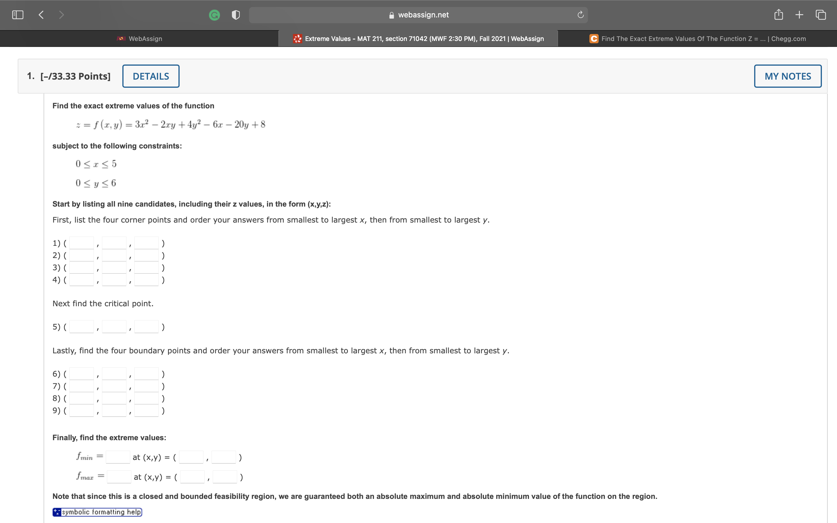 G webassign.net + su WebAssign Extreme Values - MAT 211, section
