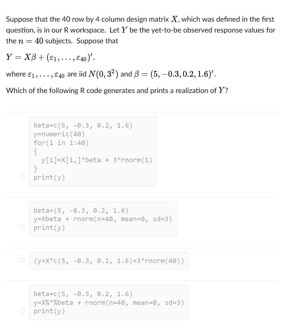 , nrow=40, ncol=3) )Suppose that the 40 row by 4 column design