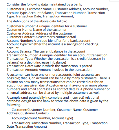  Consider the following data maintained by a bank. Customer ID, Customer