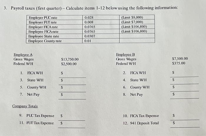 3. Payroll taxes (first quarter) - Calculate items 1-12 below using