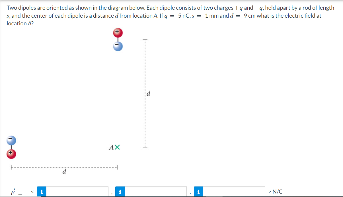 Two dipoles are oriented as shown in the diagram below. Each
