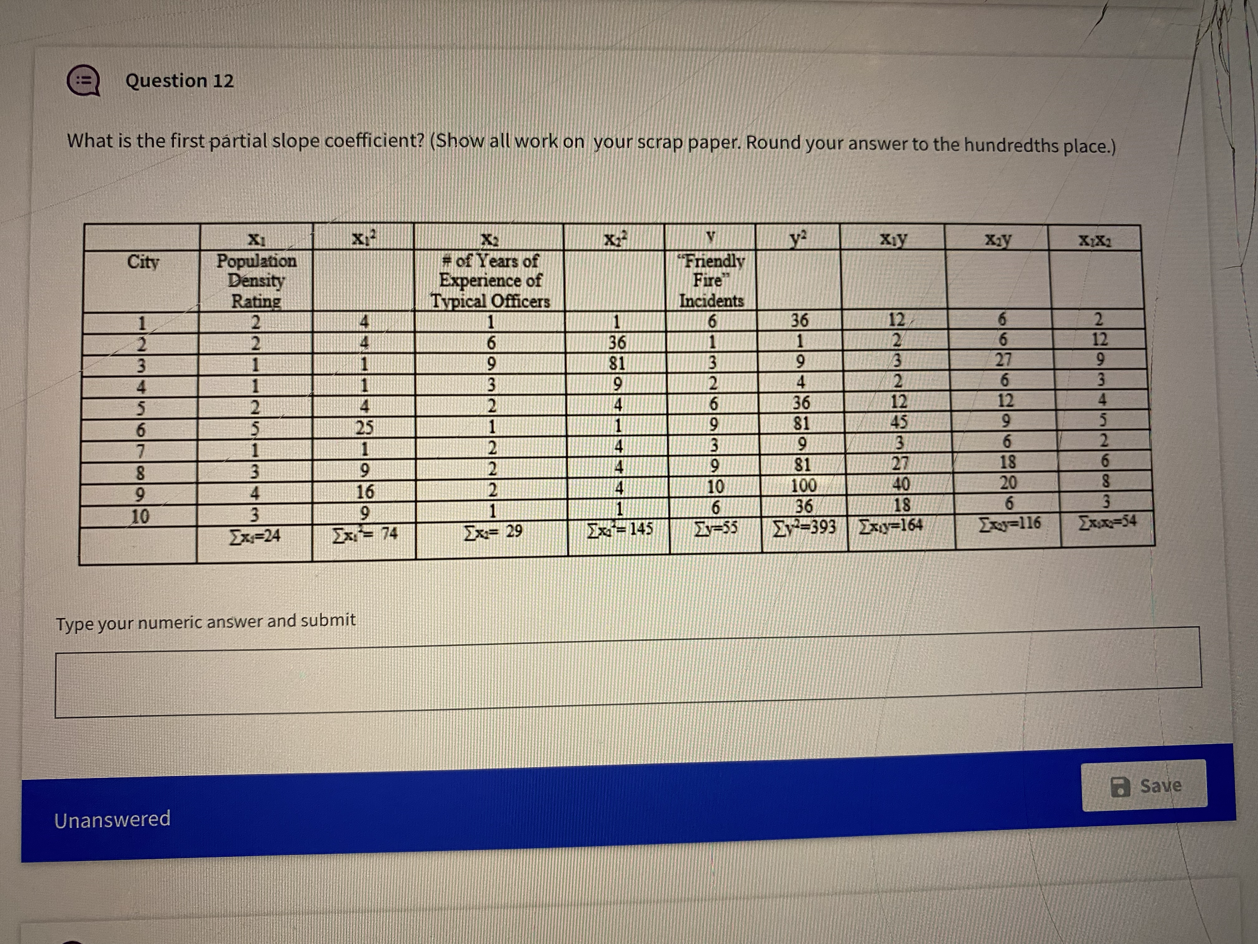  Question 12 What is the first partial slope coefficient? (Show all