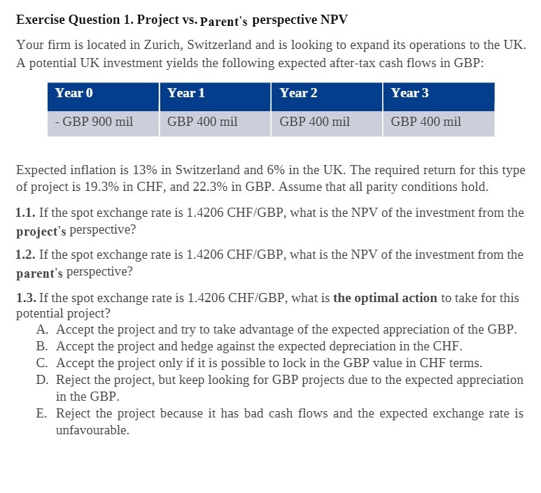  Exercise Question 1. Project vs. Parent's perspective NPV Your firm is