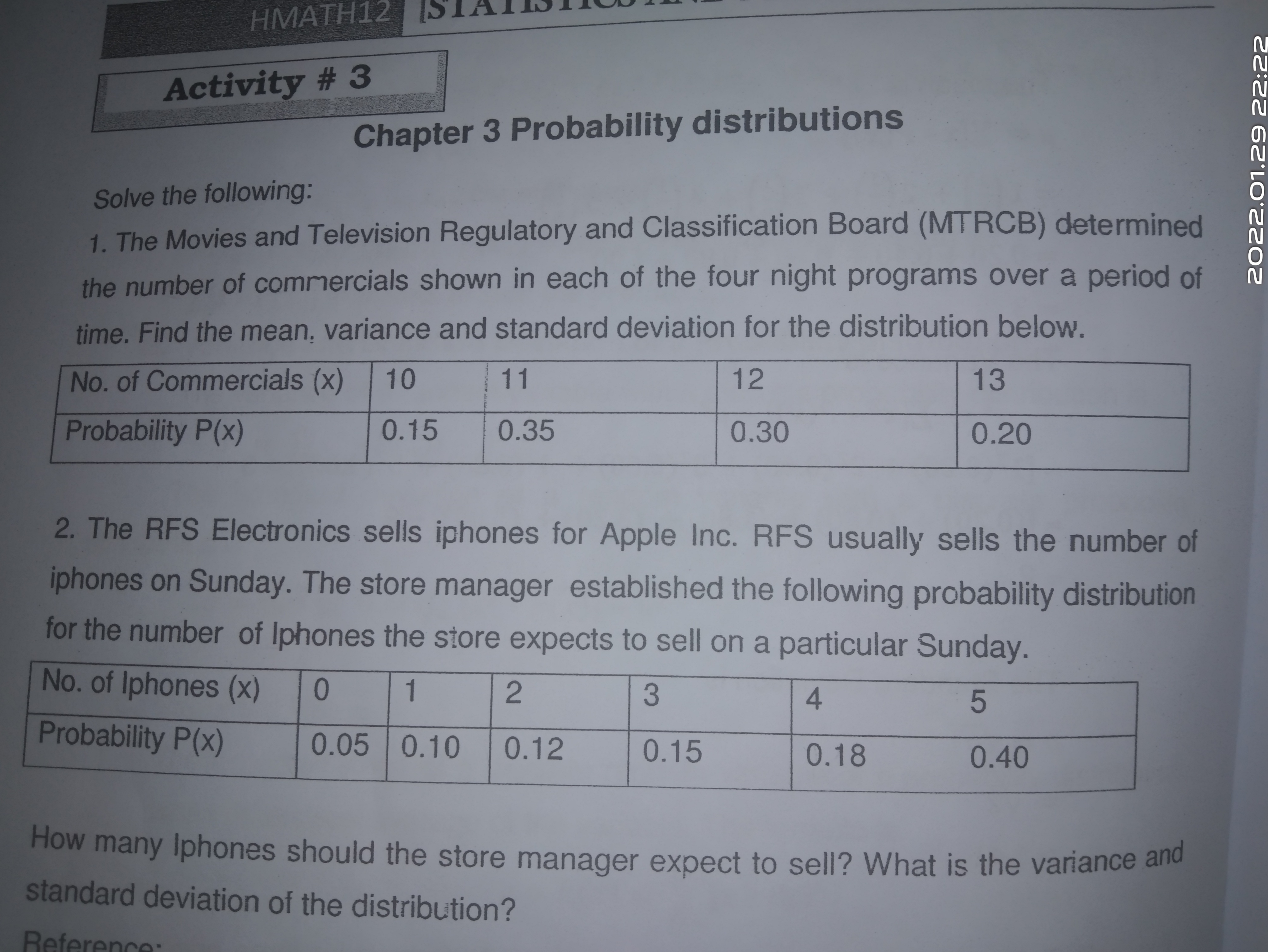  HMATH12 Activity # 3 1.29 22:22 Chapter 3 Probability distributions Solve