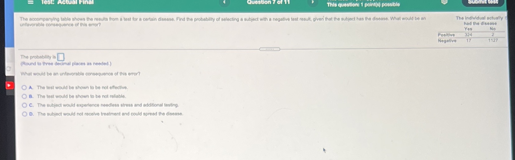  Test: Actual Final Question 7 This question: 1 point(s) possible Submit
