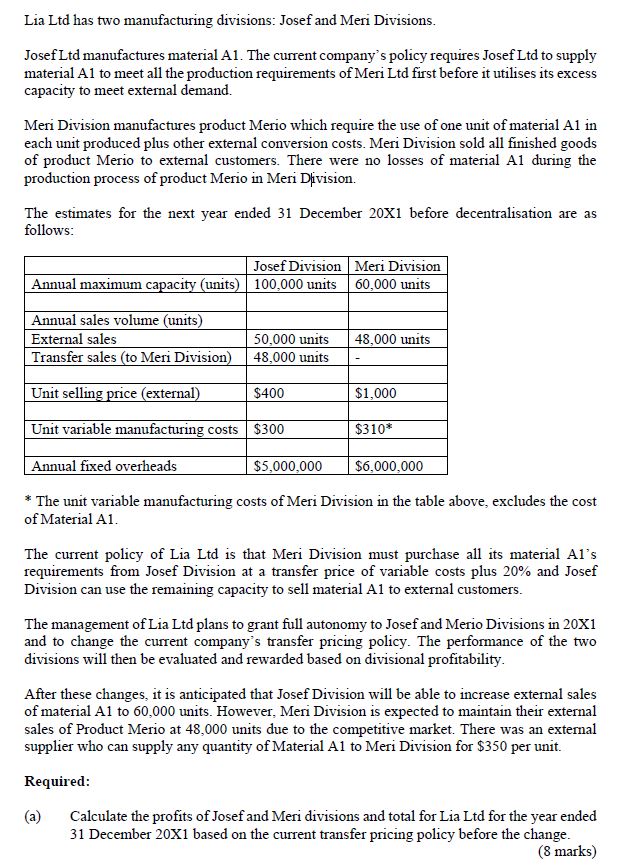 The Question on Transfer Pricing. \f'1!) (C) (d) (c) [ is) Describe