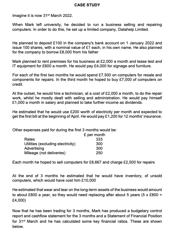 Make a Cash Budget and comment on it: CASE STUDY Imagine it