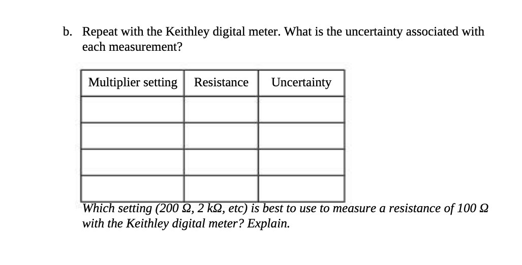 b. Repeat with the Keithley digital meter. What is the uncertainty