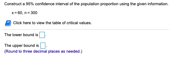Construct a 95% confidence interval of the population proportion using the