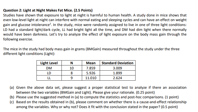  Question 2: Light at Night Makes Fat Mice. {2.5 Points] Studies