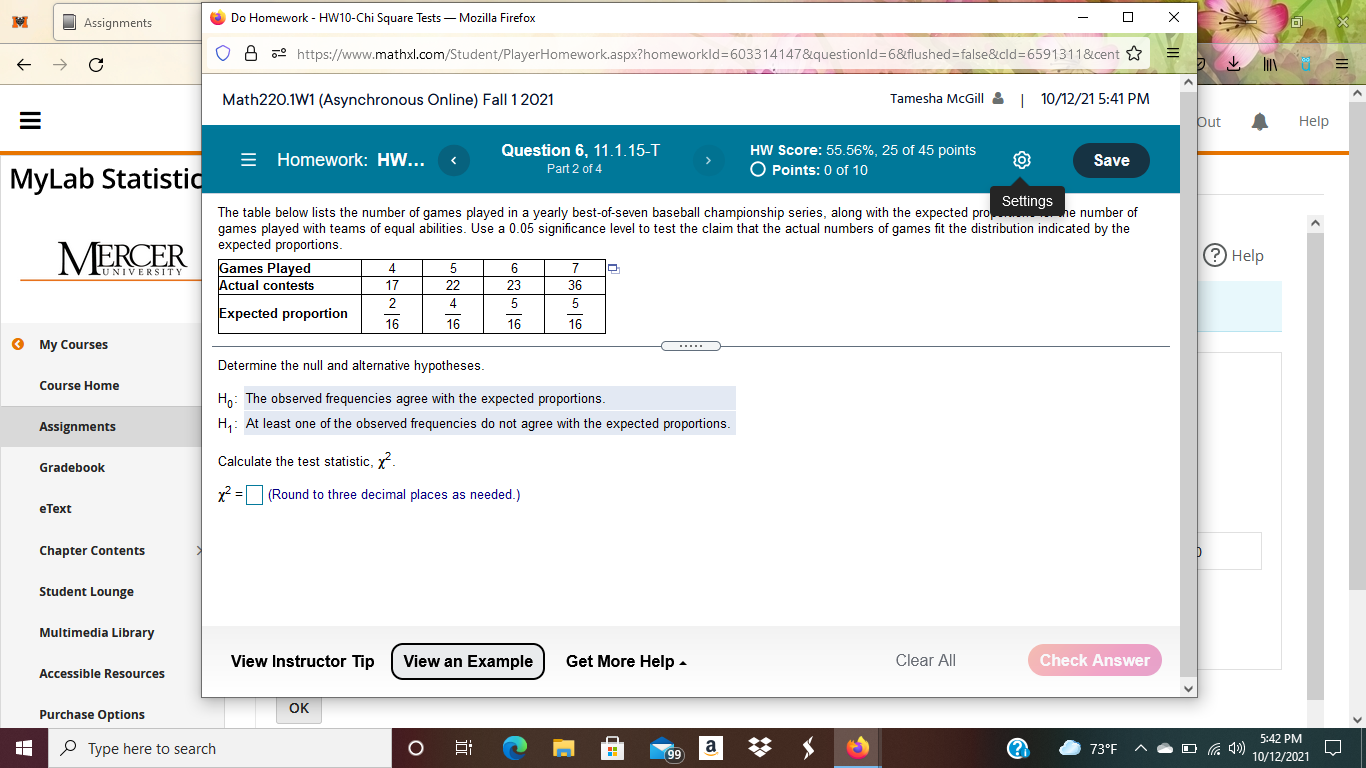 Assignments c MyLab Statisti Do Homework HWIO-Chi Square Tests Mozilla Firefox O
