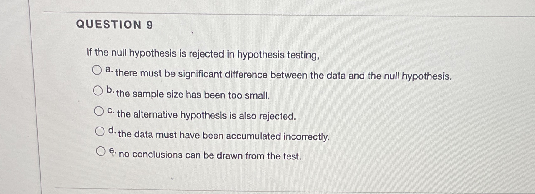 QUESTION 9 If the null hypothesis is rejected in hypothesis testing,