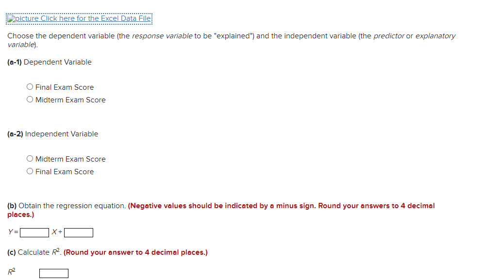 Score 0 Final Exam Score (bl Obtain the regression equation. {Negative values