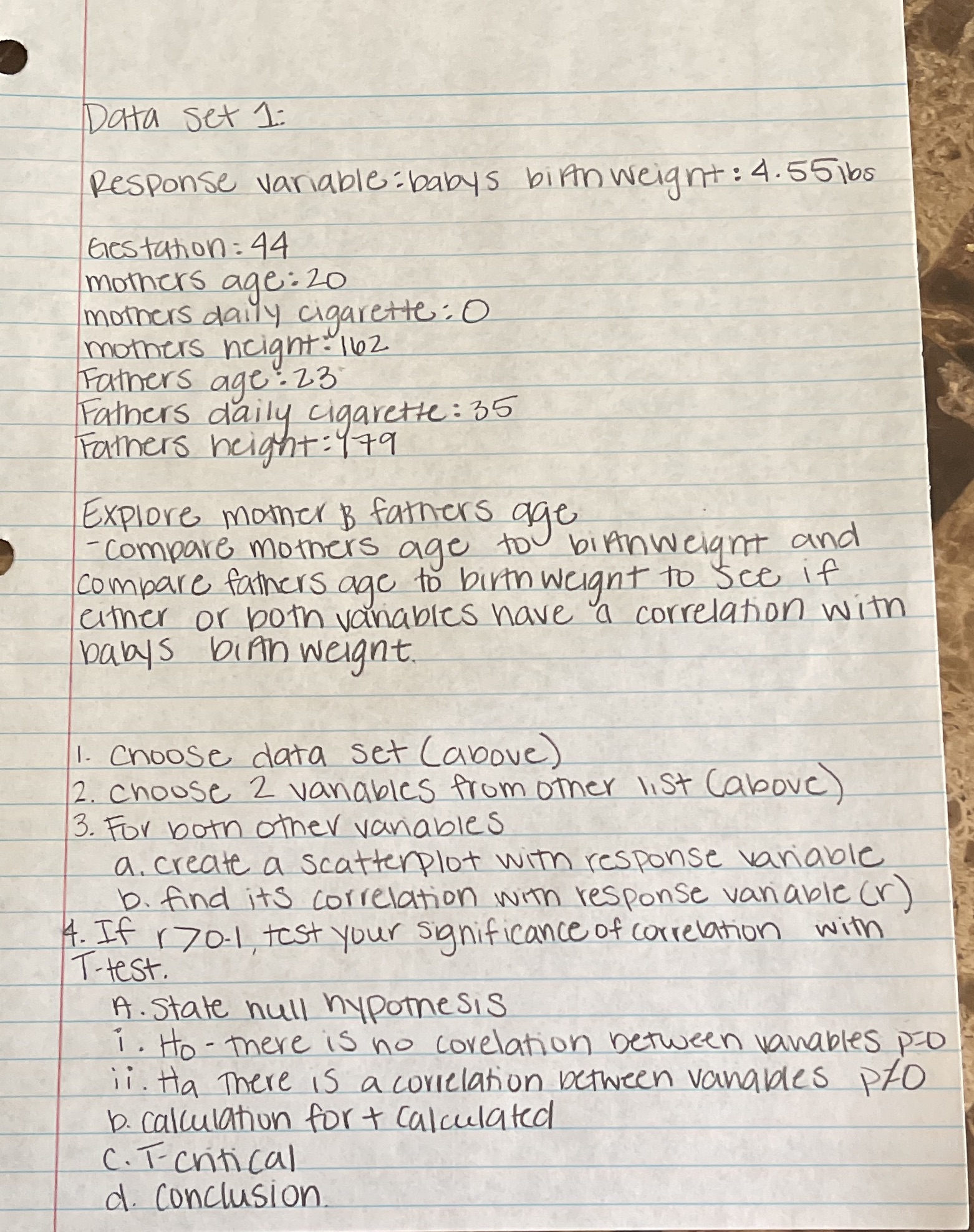  Data set 1: Response variable : babys birth weight : 4.55ibs