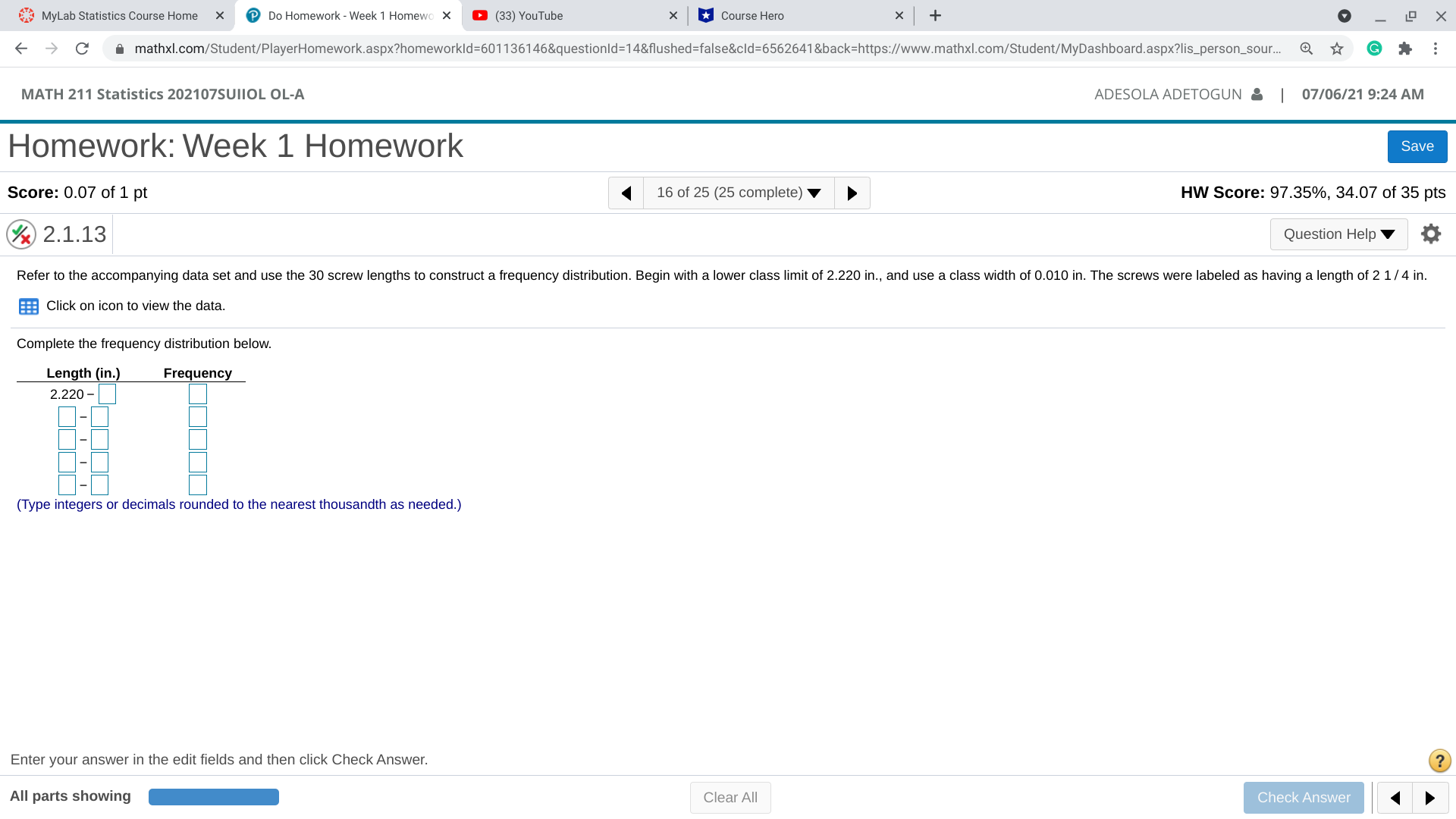 MyLab Statistics Course Home X Do Homework - Week 1 Homewo
