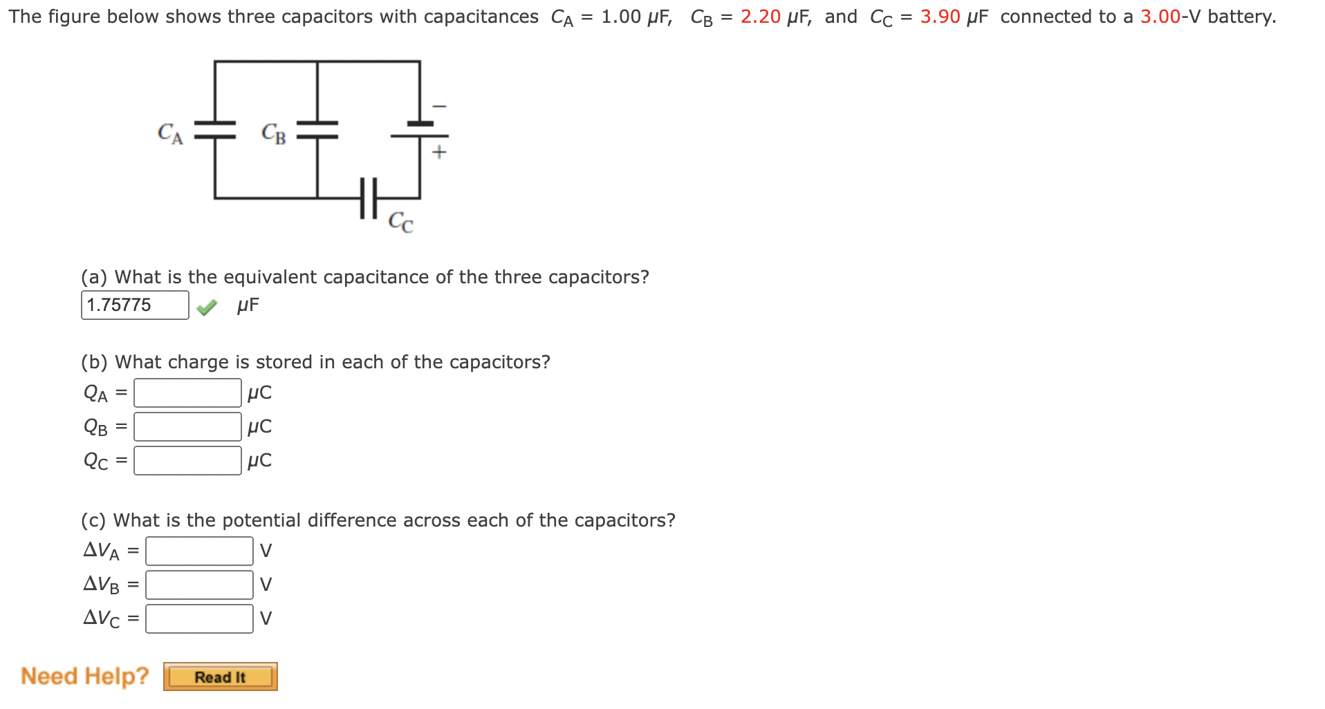  The figure below shows three capacitors with capacitances CA = 1.00