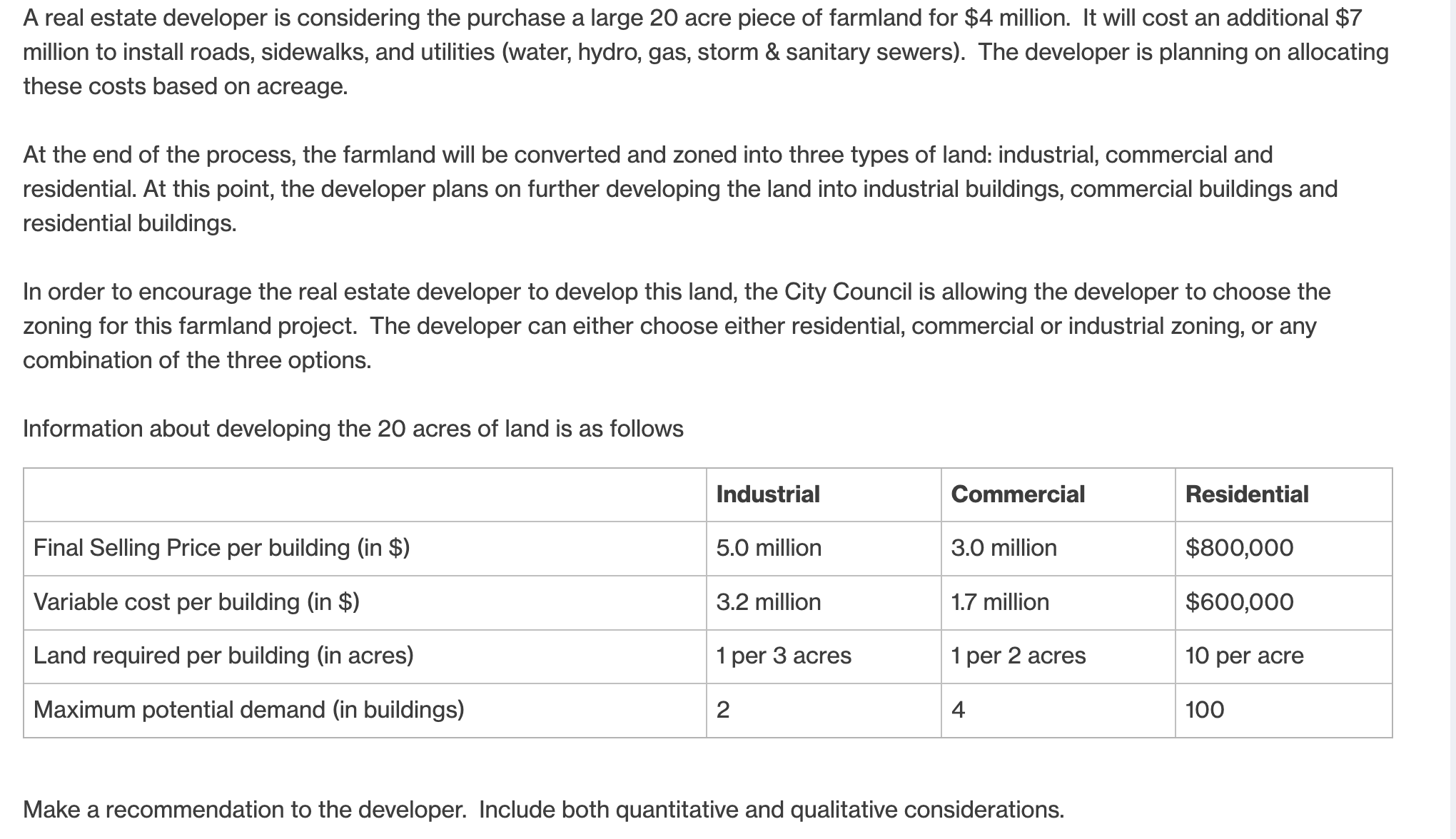  A real estate developer is considering the purchase a large 20
