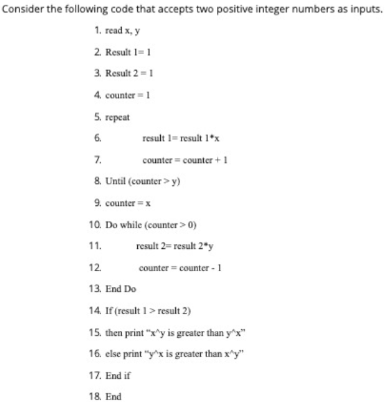 = 1 4. counter = 1 5. repeat 6. result 1= result