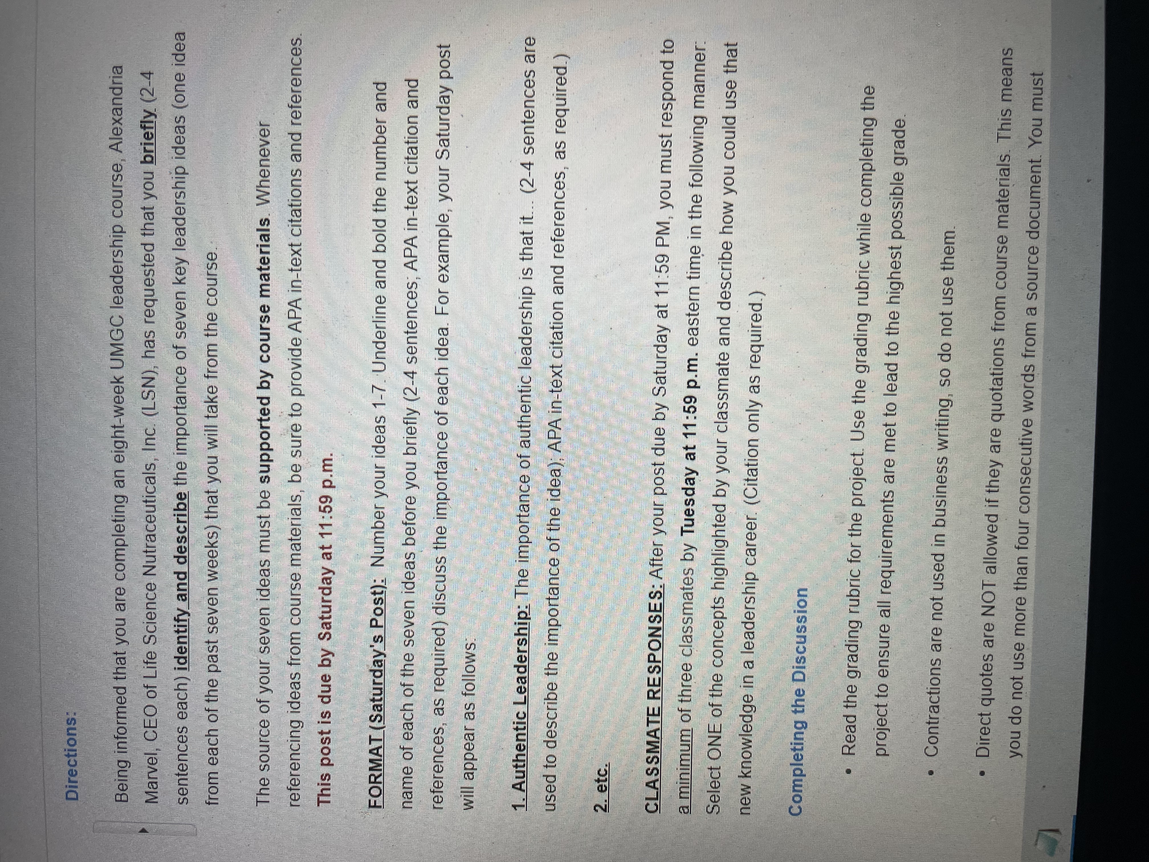 Directions: Being informed that you are completing an eight-week UMGC leadership