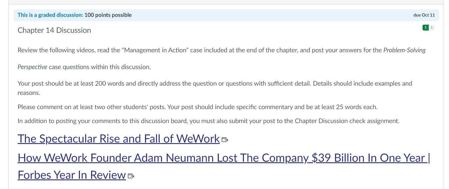 This is a graded discussion: 100 points possible due Oct 11