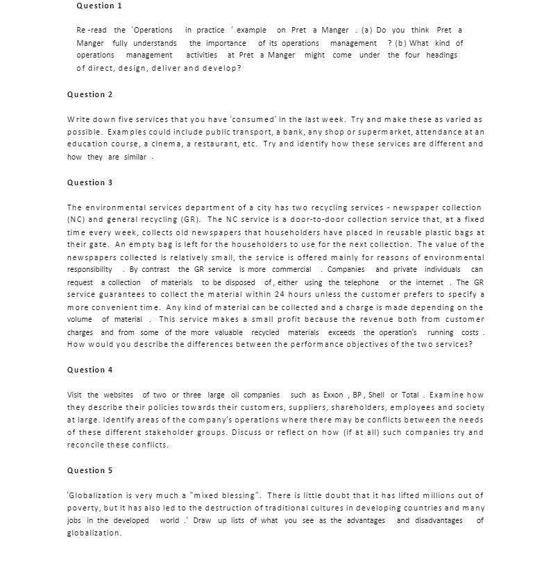  Question 1 Re -read the 'Operations in practice ' example on