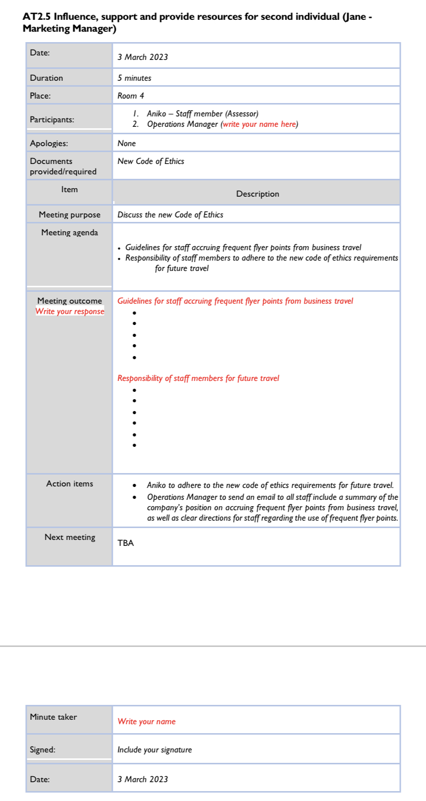 Marketing Manager) Date: 3 March 2023 Duration 5 minutes Place: Room 4