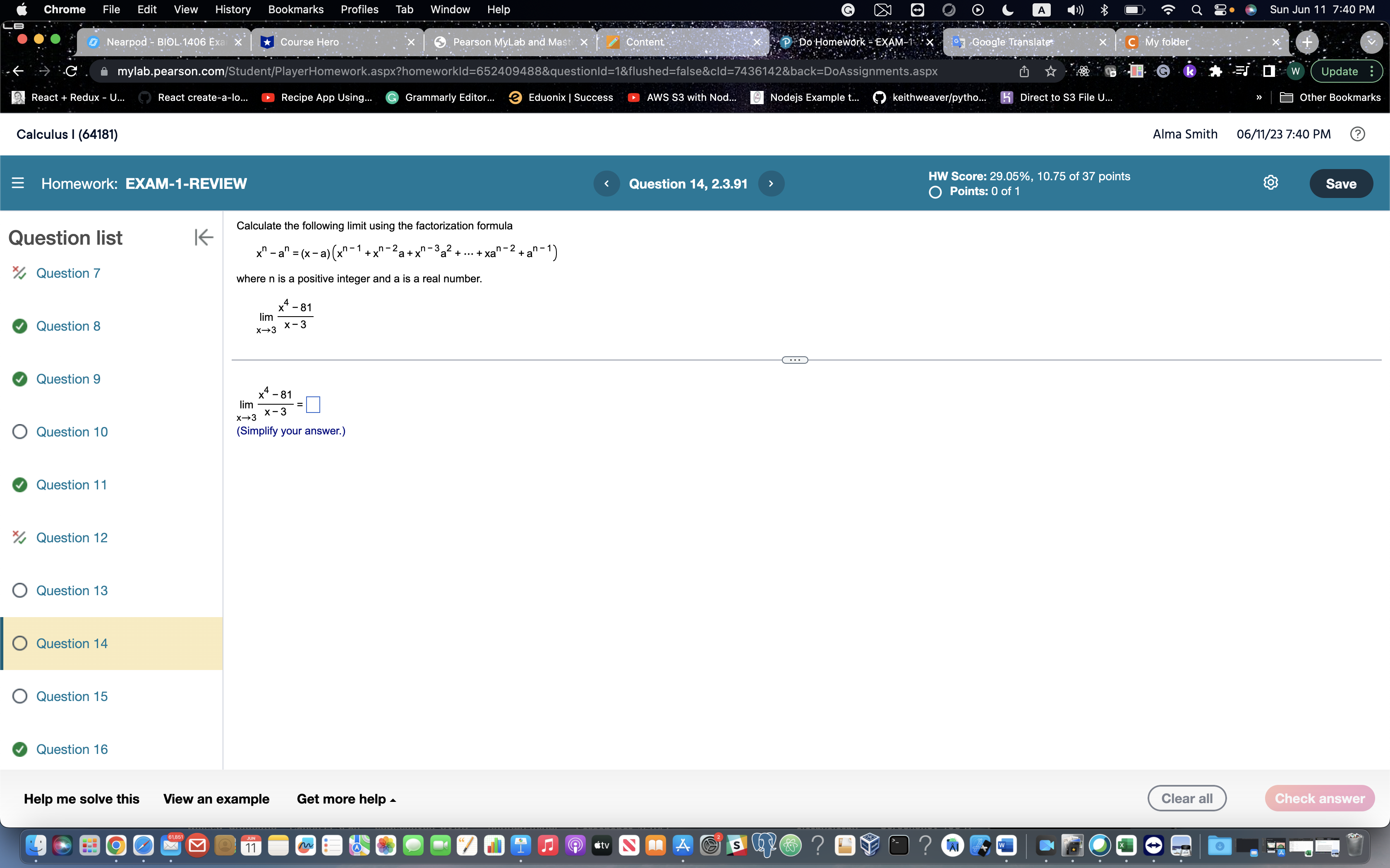 7:39 PM =Homework: EXAM-1-REVIEW Question 1, 2.1.3 HW Score: 29.05%, 10.75 of