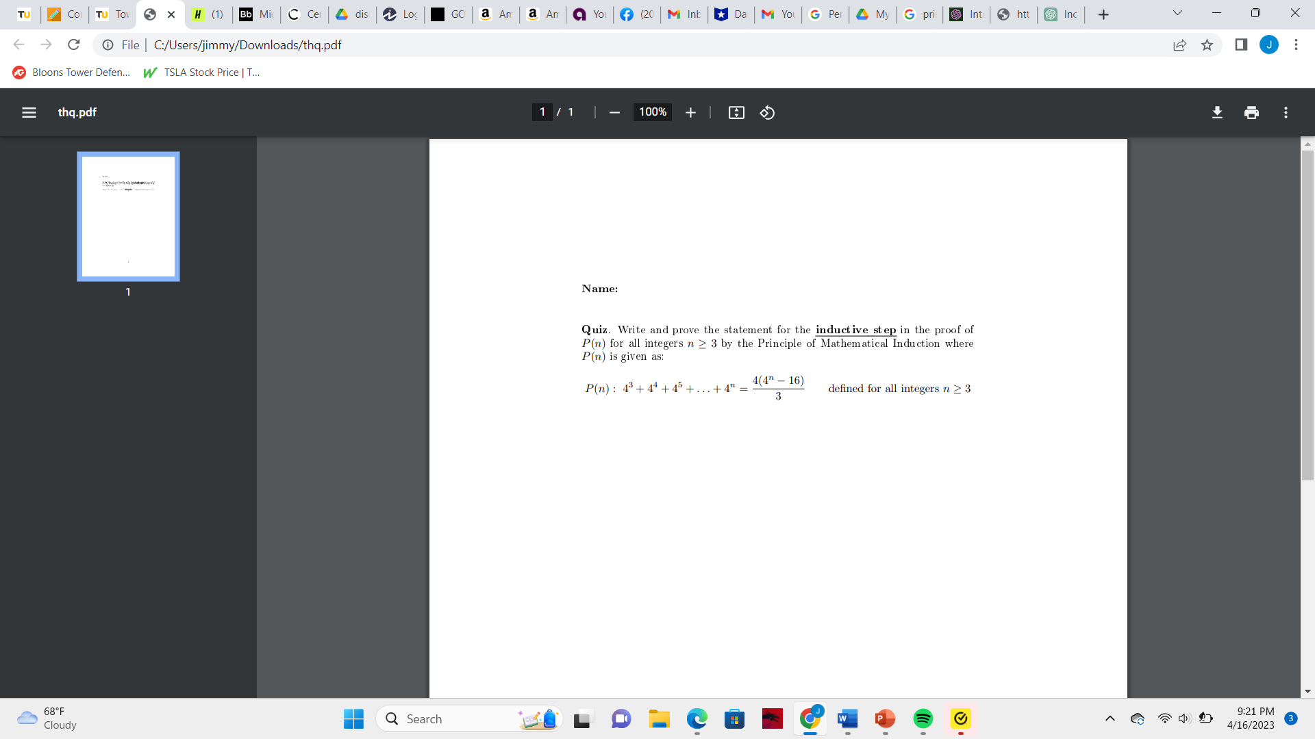 Write and prove the statement for the inductive step in the proof