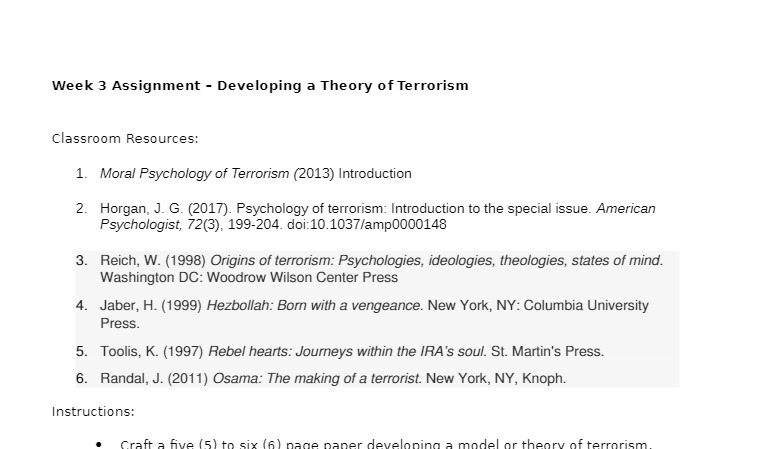 Week 3 Assignment - Developing a Theory of Terrorism Classroom Resources: