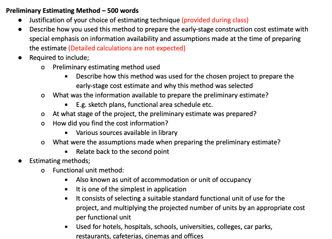 of estimating technique (provided during class) 0 Describe how you used this