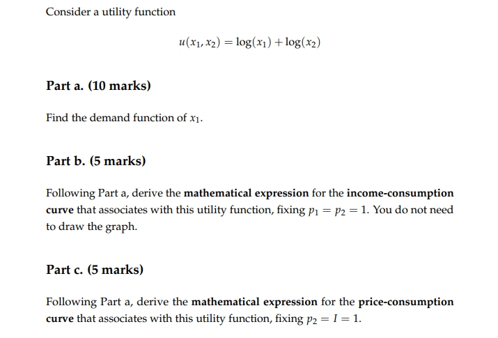 please help me out with this question Consider a utility function u(x1,