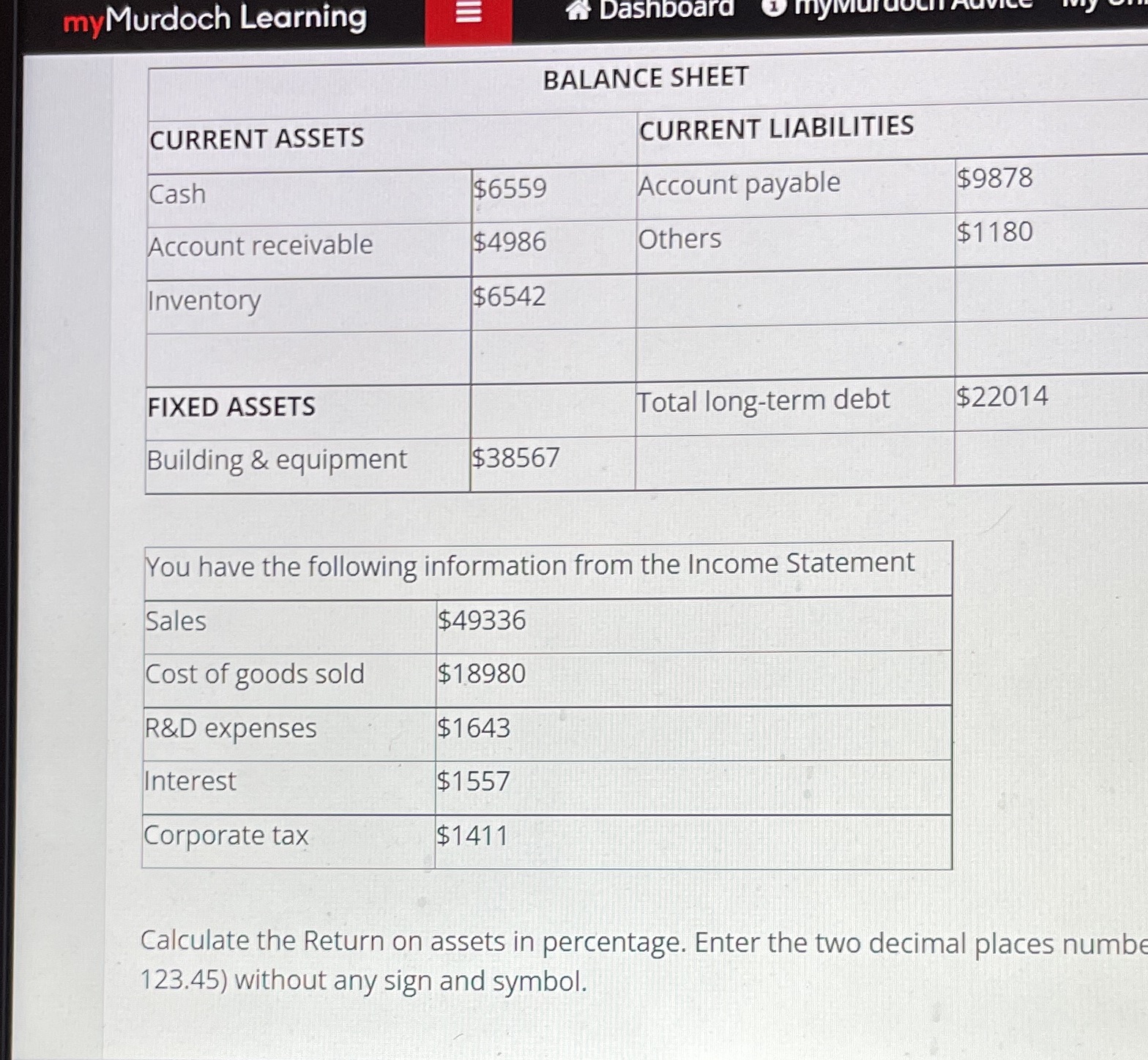 myMurdoch Learning E Dashboard myMur BALANCE SHEET CURRENT ASSETS CURRENT LIABILITIES