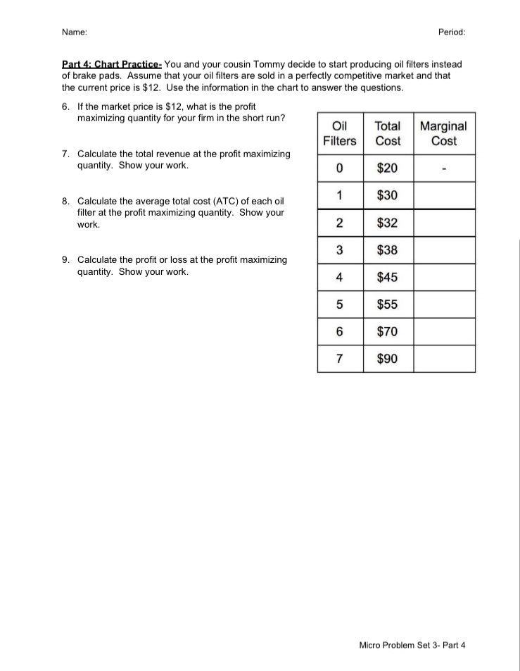 ALL questions are COMPLETE! Thank You! Name: Period: Perfect Competition and Profit