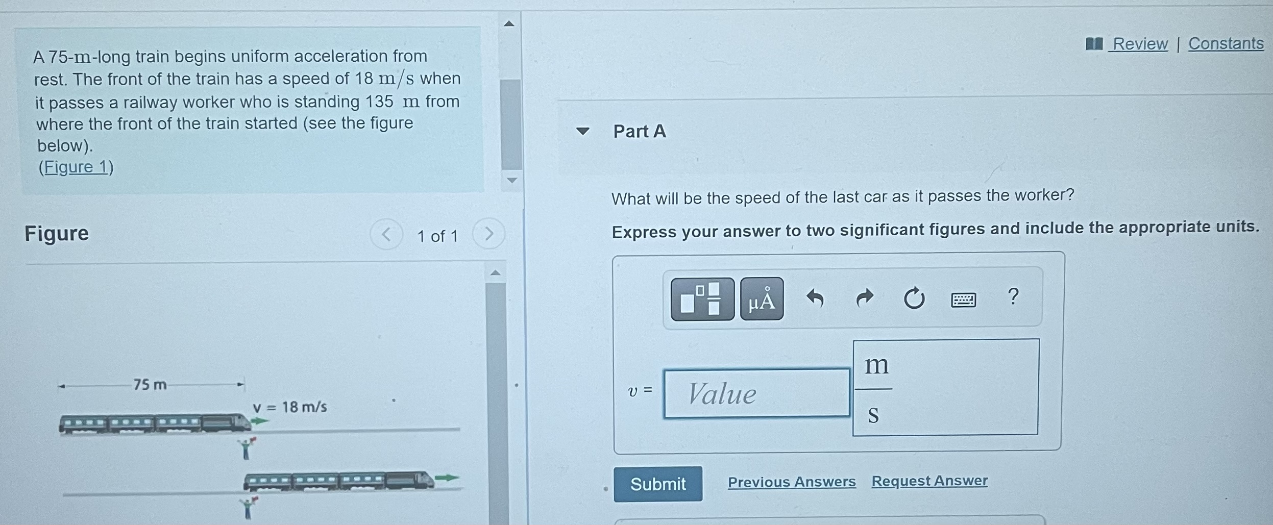 The front of the train has a speed of 18 m/s when