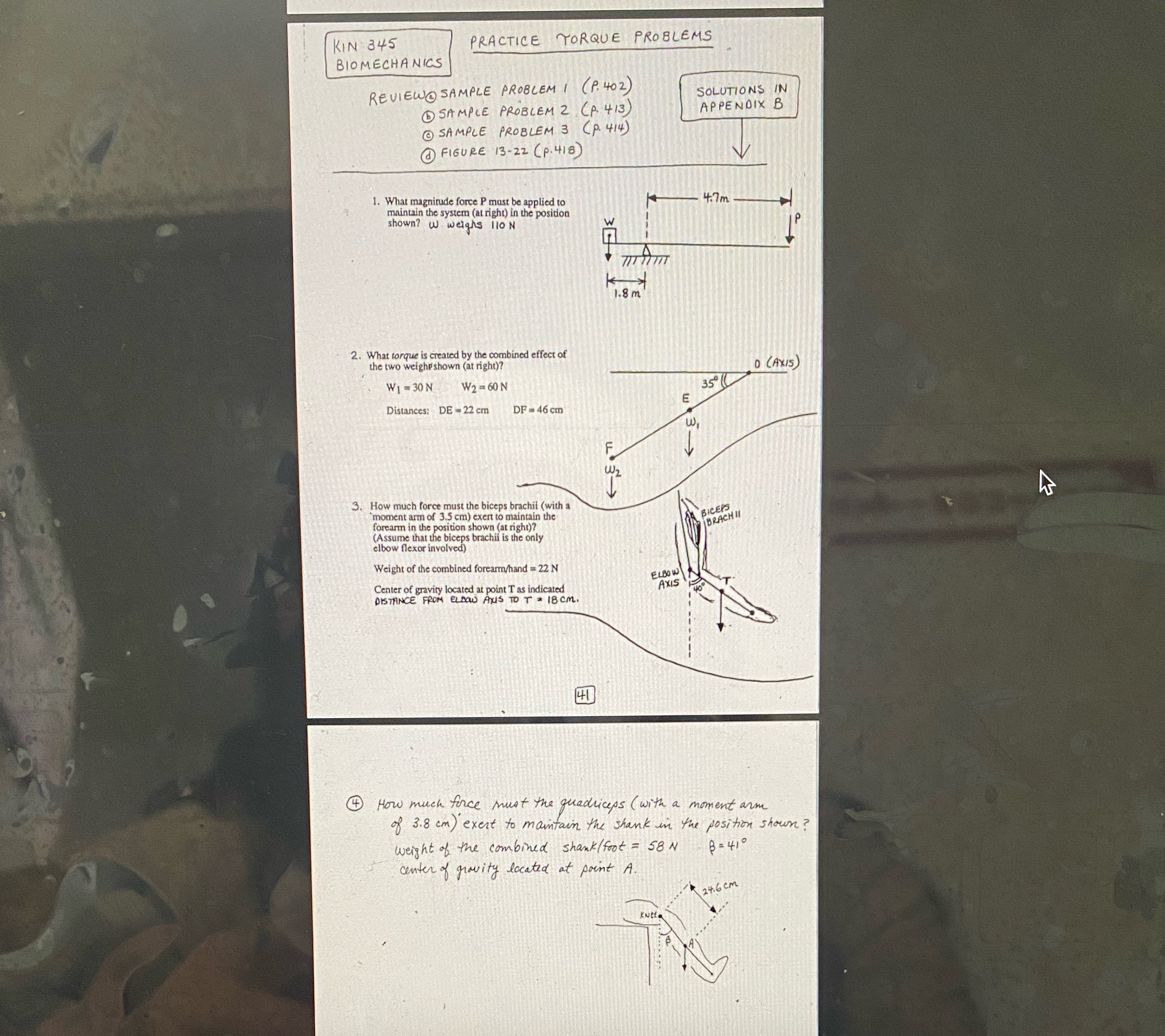 Answer questions 1-4 please KIN 345 PRACTICE TORQUE PROBLEMS BIOMECHANICS REVIEW@ SAMPLE
