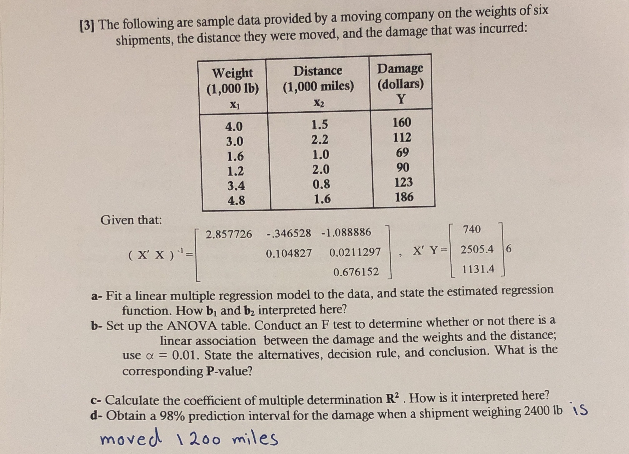 on the weights of six shipments, the distance they were moved, and