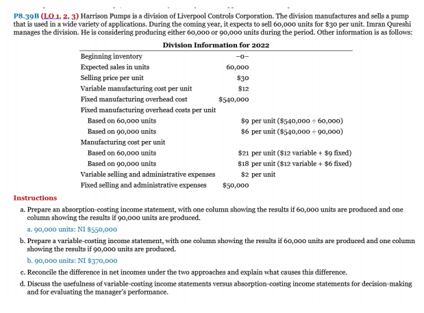 P8.39B (LO 1, 2, 3) Harrison Pumps is a division of