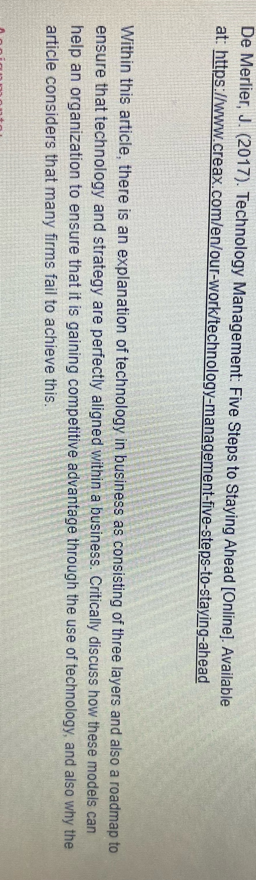  De Merlier, J. (2017). Technology Management: Five Steps to Staying Ahead