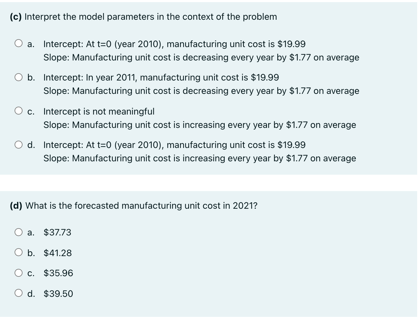 0 b. Intercept: In year 2011, manufacturing unit cost is $19.99 Slope: