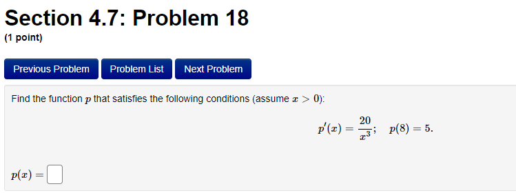Problem List Next Problem Given f'(x) = 7 cos x - 6