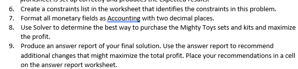 6. Create a constraints list in the worksheet that identifies the