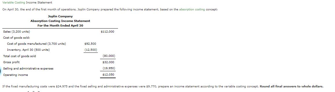 need help: Variable Costing Income Statement On April 30: the end of