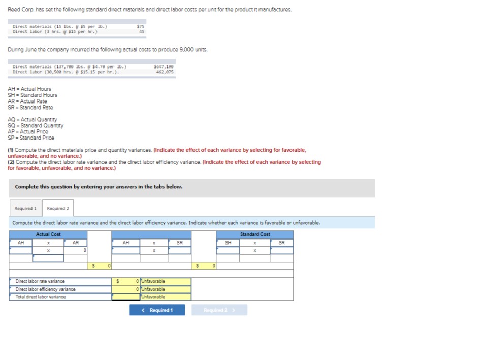 standard direct materials and direct labor costs per unit for the product