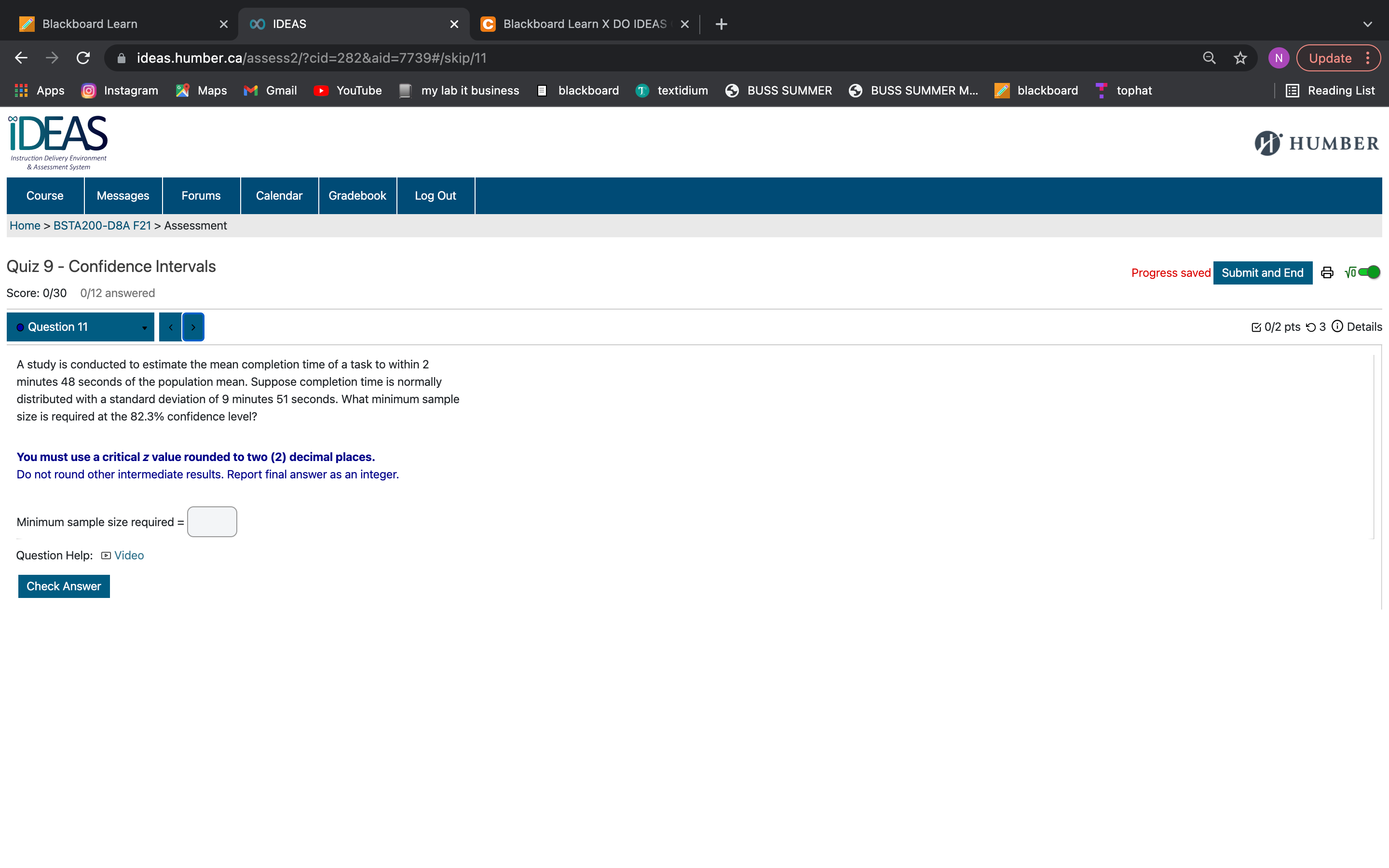 IDEAS | X + - C ideas.humber.ca/assess2/?cid=282&aid=7739#/skip/10 N Update Apps Instagram Maps