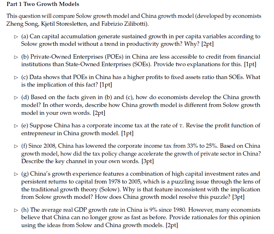  Part 1 Two Growth Models This question will compare Solow growth