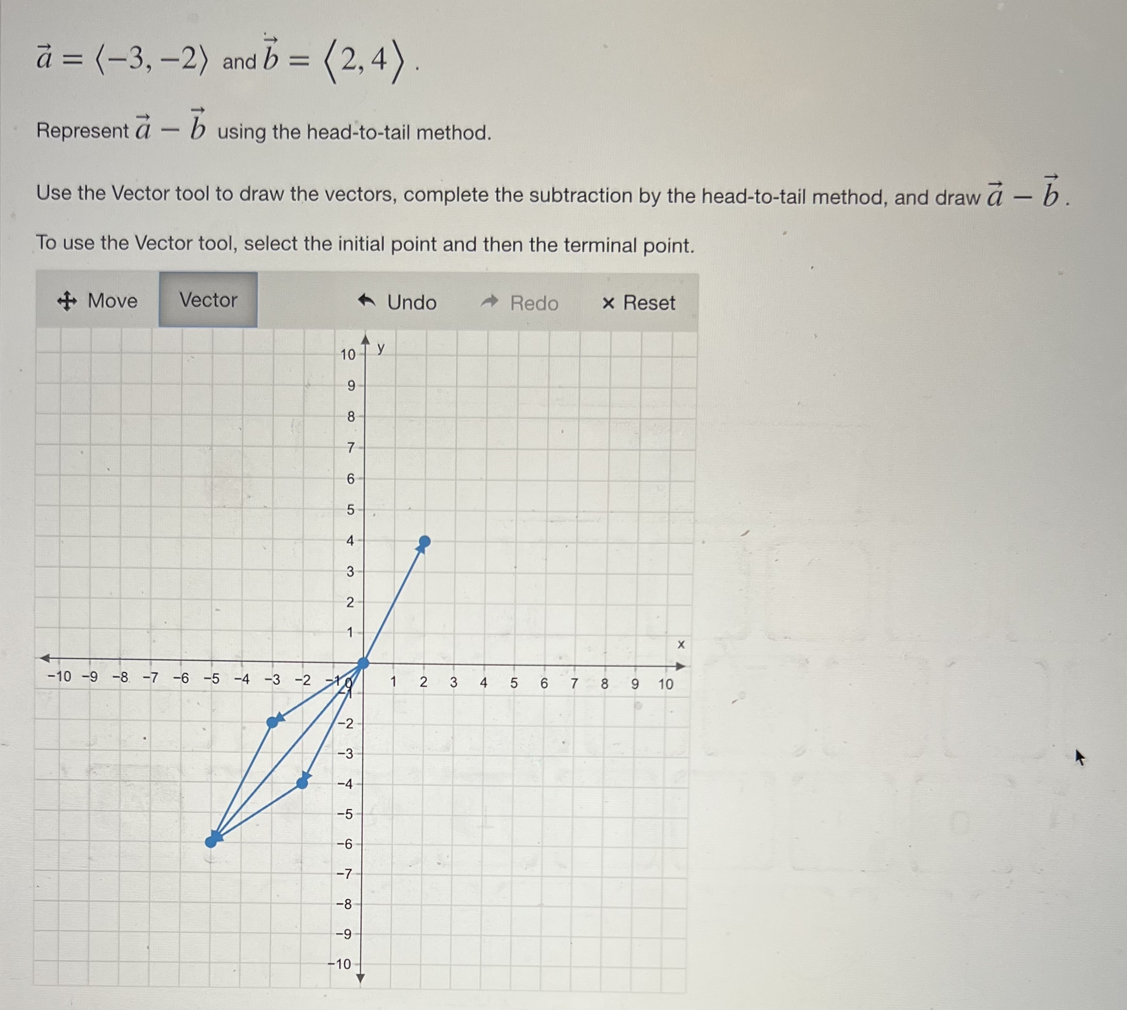  a = (-3, -2) andb= (2,4). Represent a - b using